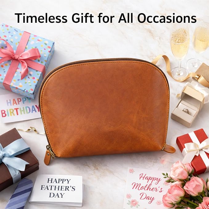 Genuine Leather Toiletry Bag for Men & Women, Leather Makeup Bag, Travel Dopp Kit Organizer with YKK Zipper, Handmade Cosmetics Case for Toiletries & Makeup (9 x 6 x 4 Inch) Tan