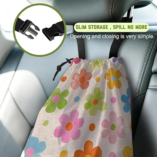 Car Trash Bag Retro Watercolor Flower Leak-Proof Waterproof Car Garbage Bag with Drawstring Foldable Canvas Trash Bin with Adjustable Buckle for Car Accessories, Travelling, Camping