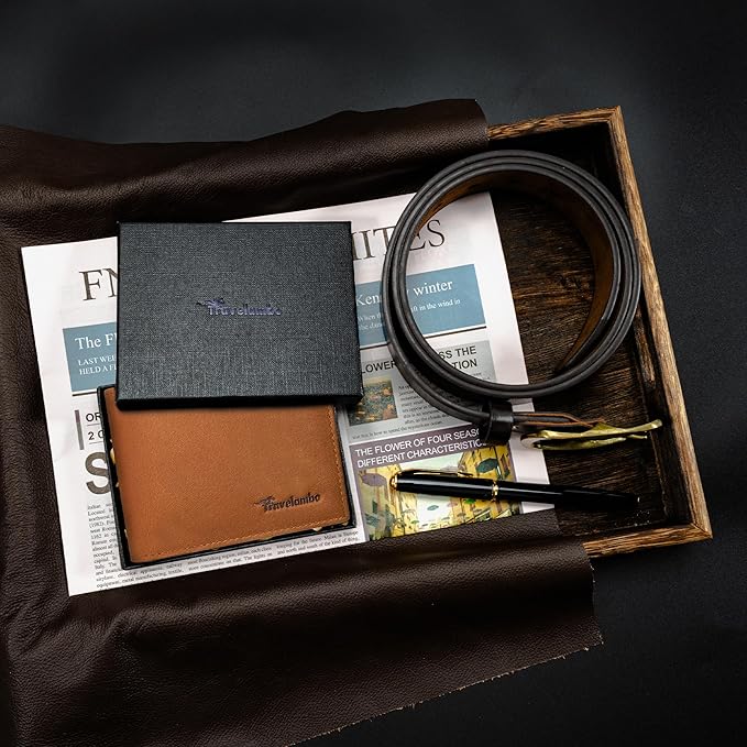 Travelambo Genuine Leather Wallet for Men with Gift Box - Handmade Bifold Stylish - Mens Wallets Rfid Blocking with 2 ID Windows