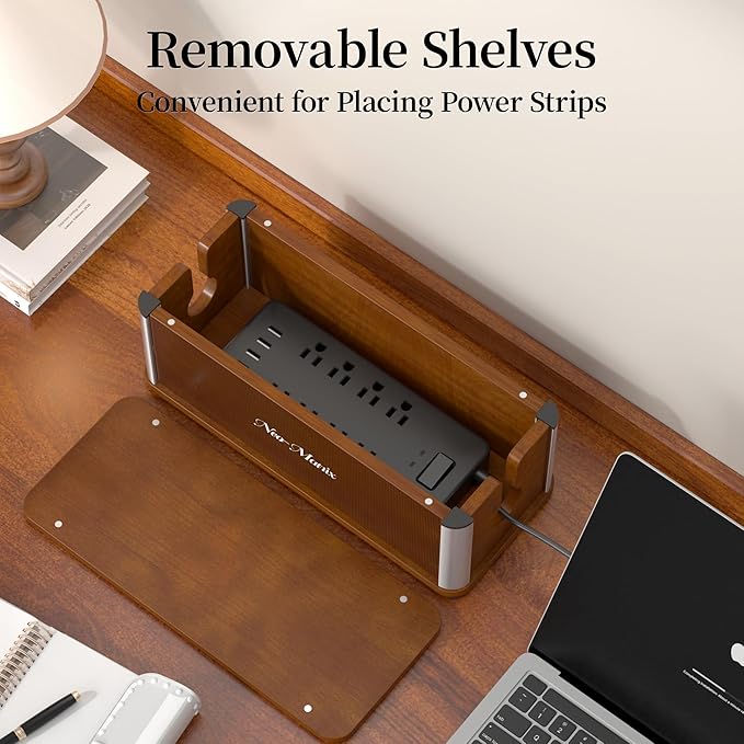 Delamu Wooden Cable Management Box, Retro-Inspired Look Desk Cord Organizer Box for Home Office, Large Cord Hider Box Hides Cords and Power Strips, Floor Cord Covers, 14.3" x 6.0" x 5.5", Dark Brown