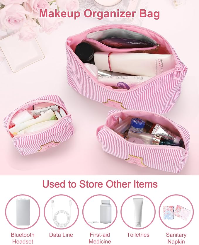 MONSTINA Personalized Initial Makeup Bag|Toiletry Bag for Women,Make Up Case for Girlfriend Bridesmaid Wife,Birthday Gift for Her Cute,3PCS,Pink C