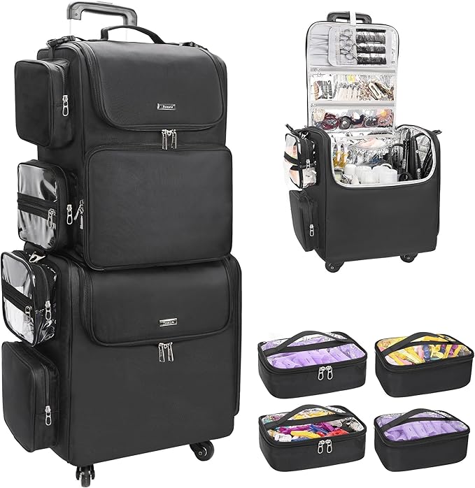 Relavel Rolling Makeup Train Case with Hair Stylist Backpack, Hairstylist Traveling Bag with 4 Wheels, Heat Insulation Full Layer, Adjustable Dividers, Hair Tools and Cosmetics Storage Organizer