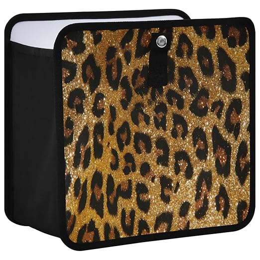 Brown Leopard Cheetah Print Car Trash Can Foldable Hanging Car Trash Bag Bin Golden Glitter Animal Skin Auto Garbage Can Leak-Proof Car Organizer(Large)