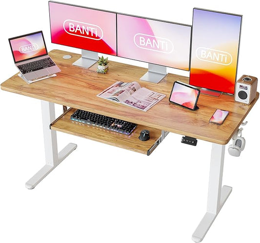 BANTI 55" x 24" Height Adjustable Electric Standing Desk with Keyboard Tray, Sit Stand up Desk with Splice Board, White Frame/Light Rustic Brown Top