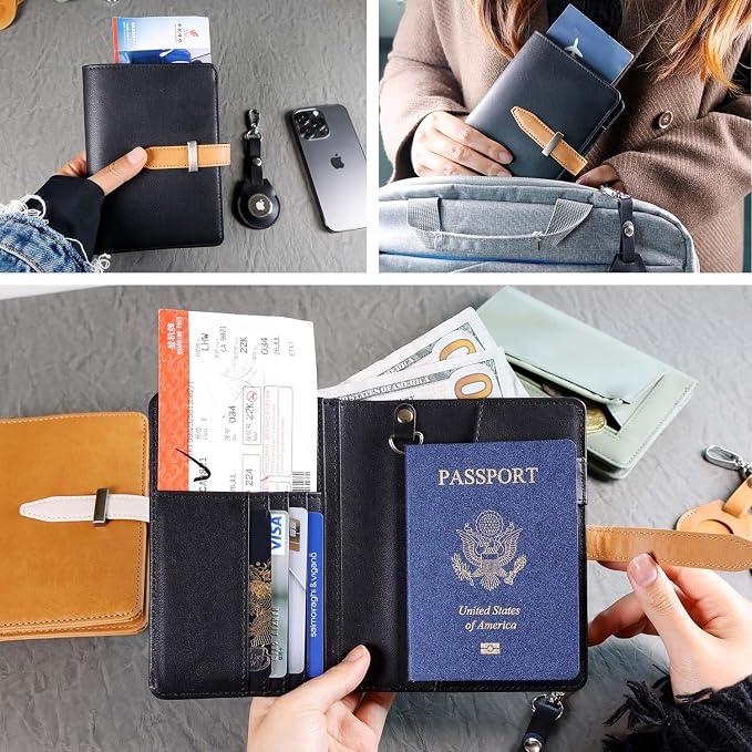 Passport wallets, Mulit-purpose RFID Blocking Passport Holder AirTag Wallet, Travel Wallet（Black）
