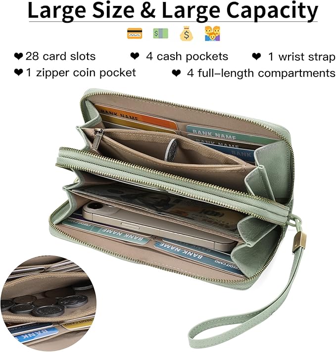 FALAN MULE Wallet for Women RFID Blocking Leather Large Capacity Zip Around Ladies Card Holdr Phone Purse Wristlet