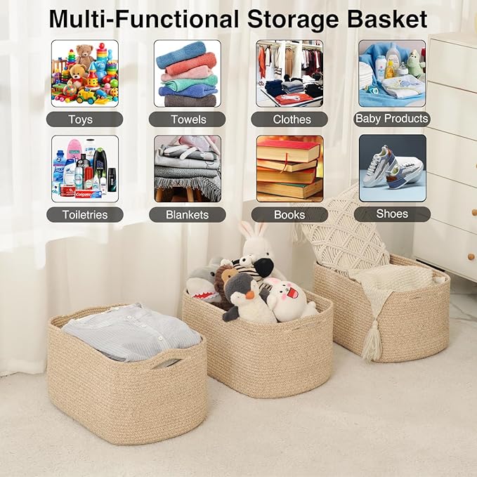 ICERZCZ Large Storage Baskets for Organizing Shelves, Woven Cotton Rope Bins for Baby Nursery Organization, Book Toy Towel Organizer, 17"x13"x9.5", 3 Packs, Brown