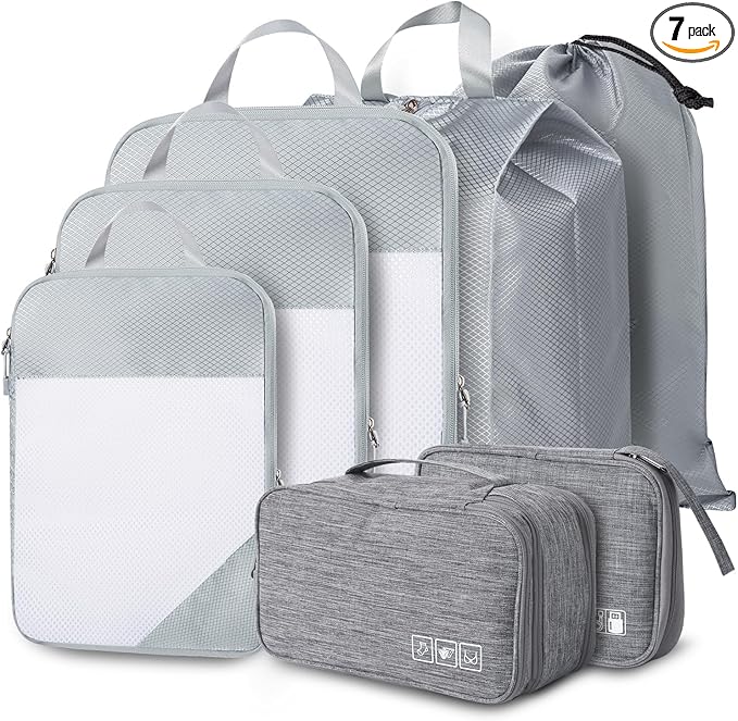Compression Packing Cubes, 7 Set Packing Cubes for Travel Compression, Lightweight Compressible Package Organizer for Carry On and Suitcases, Light Grey