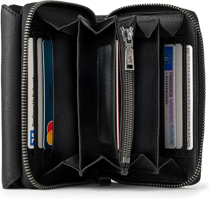 BERLINER BAGS Premium Genuine Leather Wallet Vienna, RFID Blocking Credit Card Holder, Trifold Clutch Purses, Zip Around Womens Wallet for 19 cards, ID window, Bills, Coins - Black