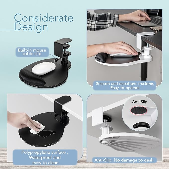 EHO Clamp-On Mouse Platform with Gel Wrist Rest, 360° Rotating Under Desk Mouse Tray with Slide-in Storage, Ergonomic Space-Saving Armrest for Left or Right-Hand Use, TAA-Compliant