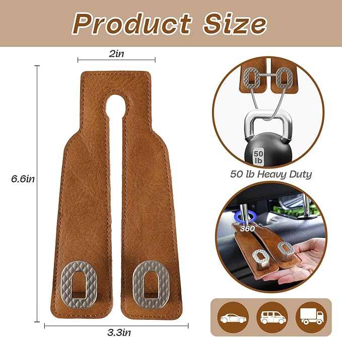 Car Headrest Hooks Universal Car Purse Hook Premium Leather and Alloy Twin Hook Car Seat Back Storage Hanger Hook for Purse Bags Cloth Drink Durable Holder Car Accessories (BH09-Brown-Silver)