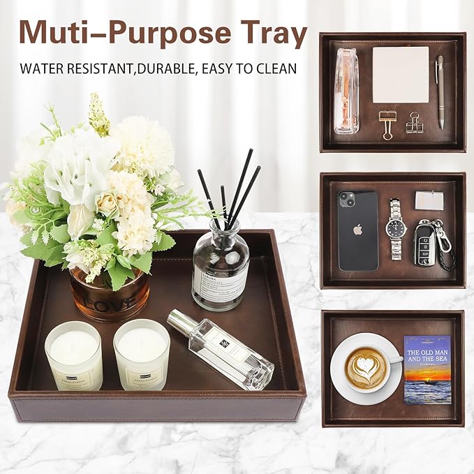 Leather Decorative Vanity Tray, Desktop Storage Organizer, Catchall Tray, Valet Tray, Nightstand or Dresser Organizer Tray for Men Change,Key,Phone,Glasses (Brown)