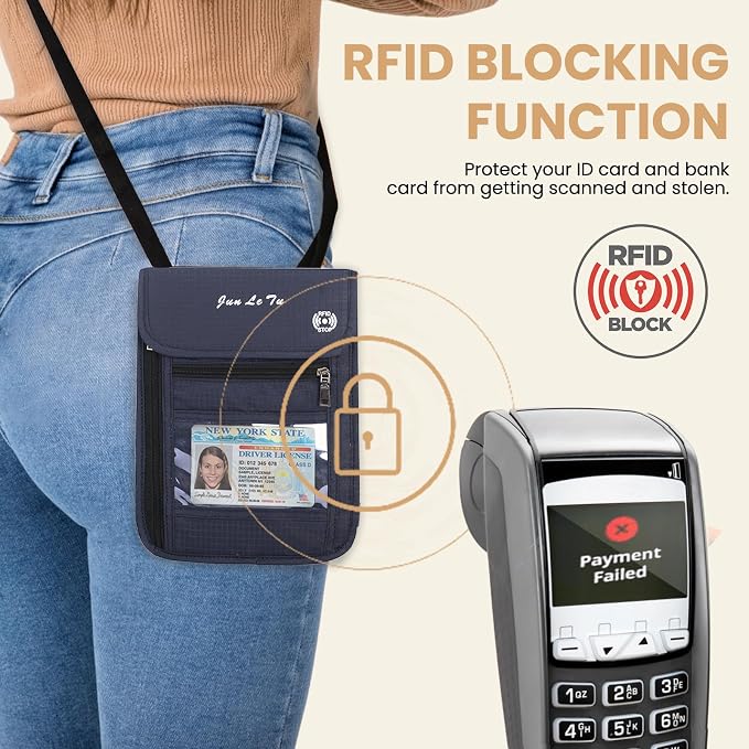 Passport Holder for Travel, RFID Passport Wallet with Visual Window Design, Multifunctional Document Organizer, Waterproof Travel Pouch Neck Wallet for Men and Women, Navy Blue