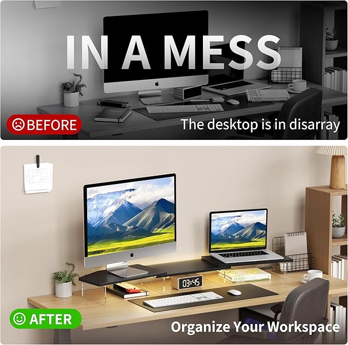AFOOYO LED Dual Monitor Stand Riser for 2 Monitors,Office Desktop Wooden Stand Adjustable Length and Angle 3 Shelf,Extra Long Multifunctional Stand up to 44.4" for Computer,Laptop,TV,Black