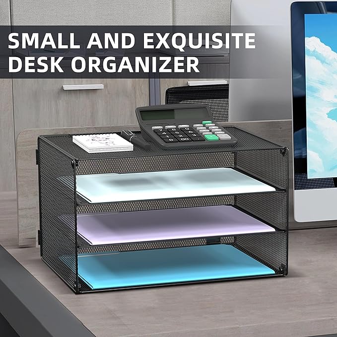 DALTACK 3 Tier Letter Tray Paper Organizer for Desk, Mesh Metal Desk File Organizer with Sliding Trays for Letter/A4 Paper, Mail, Bills & Folders, 2 Pack, Black