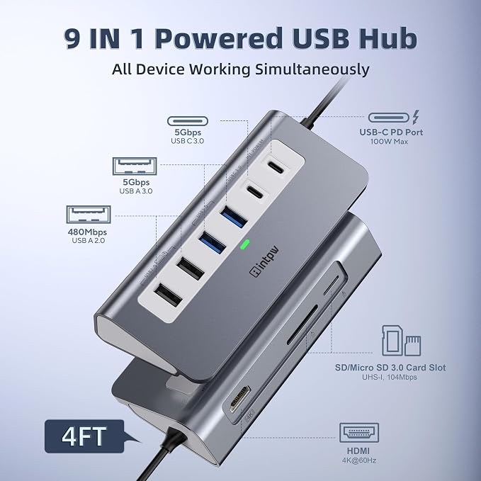 intpw USB C Hub, P9 USB C Hub Multiport Adapter with 4K@60Hz HDMI, PD 100W, Type-C & 2 USB A 3.0 5Gbps, 2 USB A 2.0, SD/TF Ports, Aluminum USB Hub for Laptop, iPhone 17 Series, MacBook, iPad