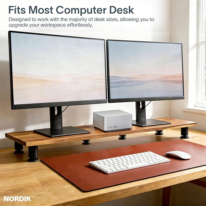 Nordik Large Dual Monitor Riser for 2 - 42.5 Inch Premium Handmade Hardwood Acacia Computer - Wood Shelf Desk Organizer Television - Laptop TV Stand with Storage Organizer for Desk Accessories (Brown)