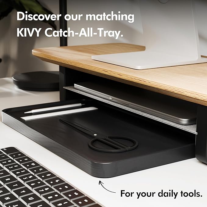 KIVY Dual Monitor Riser with Integrated Metal Shelf - Wooden desk shelf for top of desk - Wood monitor stand for desk 2 monitors / tv - Dual monitor stand riser for desk - Large walnut monitor stand