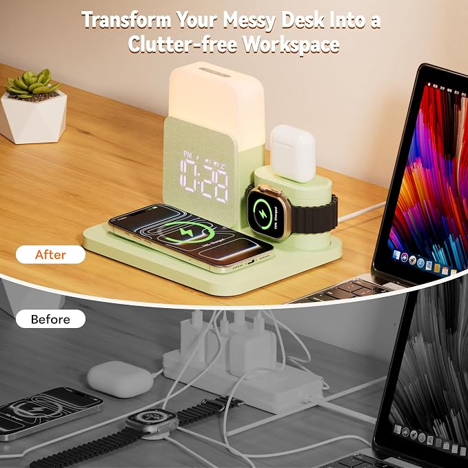 7 in 1 Wireless Charging Station, Magnetic 25W Fast Charger with Alarm Clock & Night Light, Bedside Charging Stand for iPhone 17 16 15 14 13 12 Pro Max, Apple Watch, AirPods, Bedroom