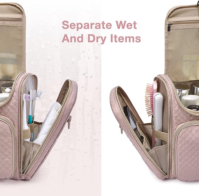 BAGSMART Travel Toiletry Bag for Women, Hanging Toiletry Bag Large Capacity Cosmetic Makeup Bag, Essentials Travel Organizer for Full Sized Toiletries and Cosmetics, Pink