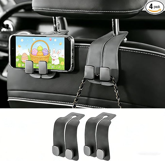 KINIVA Car Seat Headrest Storage Hooks, Set of 2, Suede PU Leather, Double Hooks (Grey)