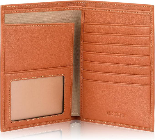 HISCOW Leather Passport Holder for Travel, Bifold Wallet, Tan | Full grain cowhide, RFID blocking, 7 card slots, cash compartment, frosted ID window, travel essentials, premium gift box