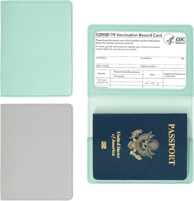 2 Pack Passport covers and Vaccine Card Holder PU Leather Passport Wallet Vaccine Case Protector Slot Travel Passport Wallets for Women & Men (Grey & Green)