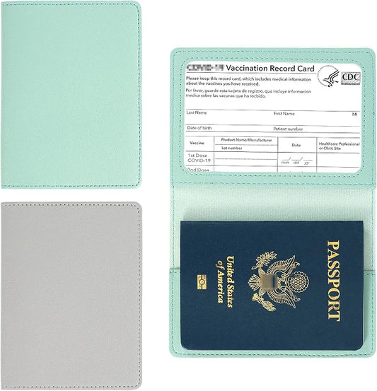 2 Pack Passport covers and Vaccine Card Holder PU Leather Passport Wallet Vaccine Case Protector Slot Travel Passport Wallets for Women & Men (Grey & Green)