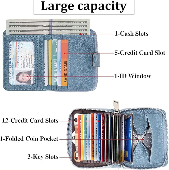 GAEKEAO Women's Leather Wallet RFID Blocking Card Holder with Many Compartments Small Purse with Zipper Key Chain Wallets