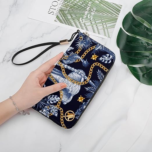 Unisex Zip Around Wallet for Adults Teens Tropical Treees And Jungle Animals Elephant Coin Pouch Cash Pocket PU Leather Wallets Card Holder Organizer Designer Purse with Wristlet Strap
