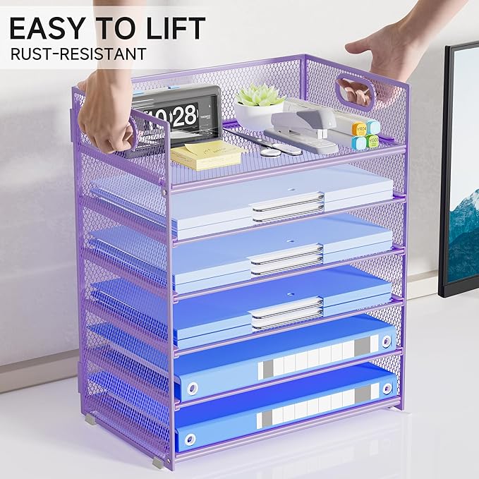 Purple Paper Organizer for Desk with Handle, 6-Tier Metal Mesh File Organizer | Stackable Desktop Organizer for Office Supplies & Stationery Storage