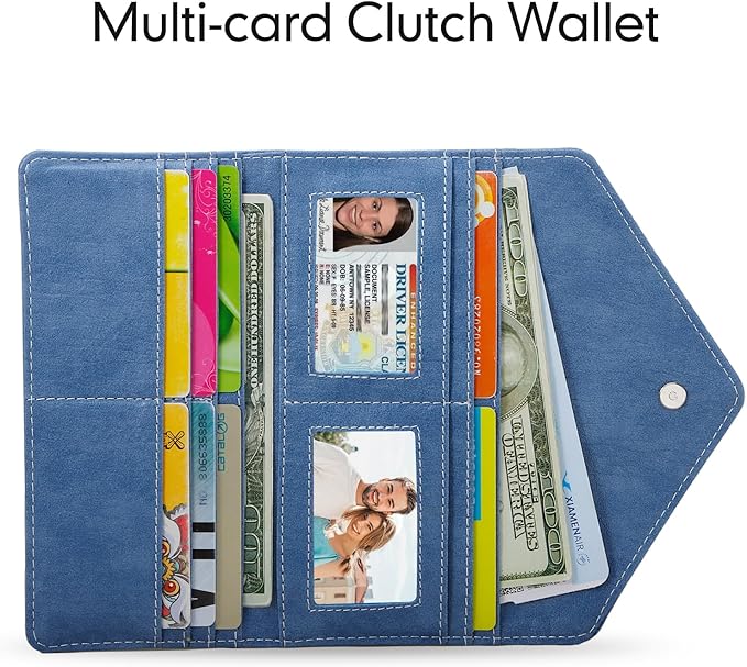 RFID Blocking Envelope Wallet, Vegan Leather Ultra Slim Trifold Multi-Card Holder with 2 ID Windows, Zippered Coin Pocket, Haze Blue