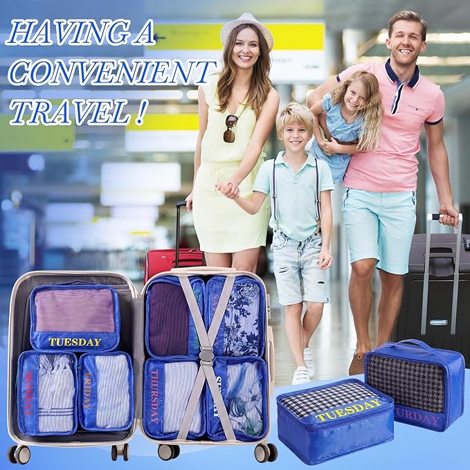 Days of Week Packing Cubes Weekly Organizer Travel Storage Bag School Clothes for Kids Summer Camp Family(9x7x3inch,Blue,15)