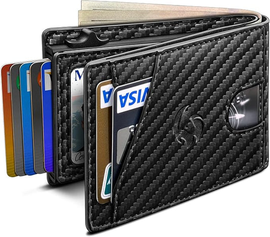 Wallet for Men, Slim Pop Up Card Holder with RFID Blocking, Minimalist Bifold Wallet with 9 Card Slots, ID Window and Cash Pocket, Metal Flip Case with Magnetic Closure, Gift Box