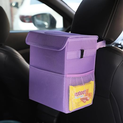 AOKJOY Car Garbage can with lid Leak Proof Vehicle Trash Can 3 Storage Pockets Hanging Waterproof car Trash Bag for SUV Purple