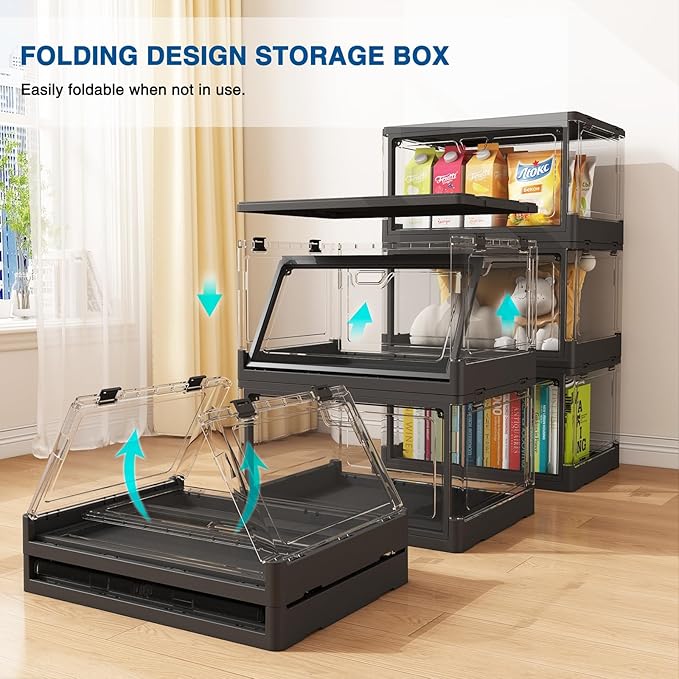 HYBRIDEAS 3-Pack Clear Stackable Storage Bins with Lids Magnetic Doors Open Front Foldable Folding Plastic Craft Containers Large Closet Organizers Box for Bedrooms Living Rooms Study 24 QT