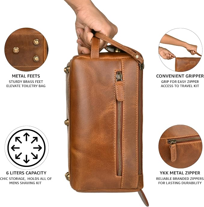 LEATHER VILLAGE Genuine Leather Travel Toiletry Bag - Water-Resistant Dopp Kit for Toiletries, Large Shaving Bag & Bathroom Organizer - Gift for Men & Women - Tan Brown