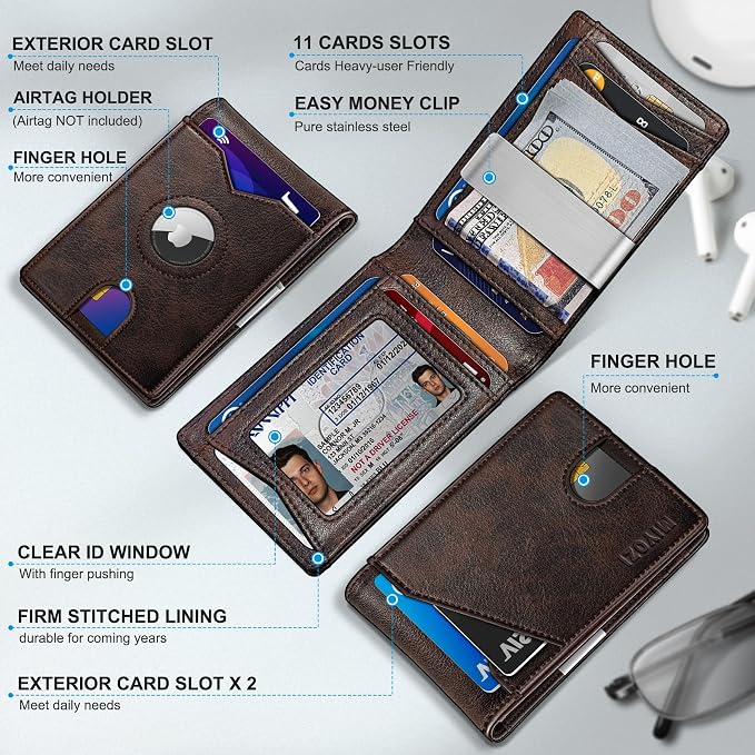 miyozi Airtag Wallet for Men,with Money Clip 11 Cards Slim Front Pocket Leather RFID Blocking Wallet with Gift Box