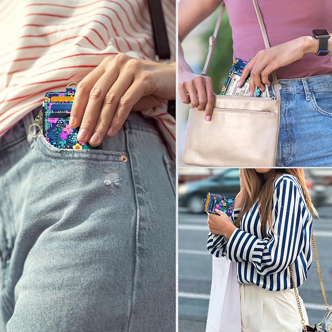 Slim Wallet Credit Card Holder, Purple Floral Print X, RFID Wallet Women Cute Small Front Pocket Wallet With Zipper, PU Leather Thin travel RFID Blocking Card Case ID Window,Ladies Gifts