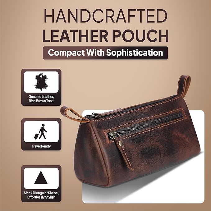 Leather Makeup Bag for Women – Genuine Leather Cosmetic Bag Travel, Handmade Zippered Makeup Pouch, Small Toiletry Bag, Shaving Kit & Stationery Organizer- Brown