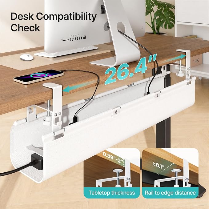 PEGZONE No Drill Under Desk Cable Management Tray, 31.5" Cord Management Under Desk for Table, Clamp Mount Desk Cable Management, Premium Fabric Wire Management Tray for Office, Home, White