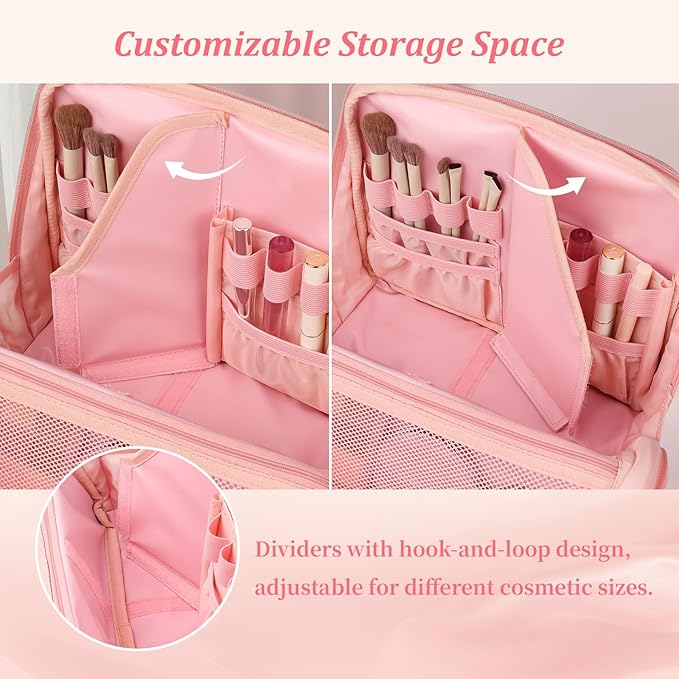 MOKURA Travel Makeup Bag for Women, Large Capacity Standing Make up Pouch, Quilted Waterproof Cosmetic Organizer with Jewelry Compartments, Portable Toiletry Case, Gifts for Women, Pink