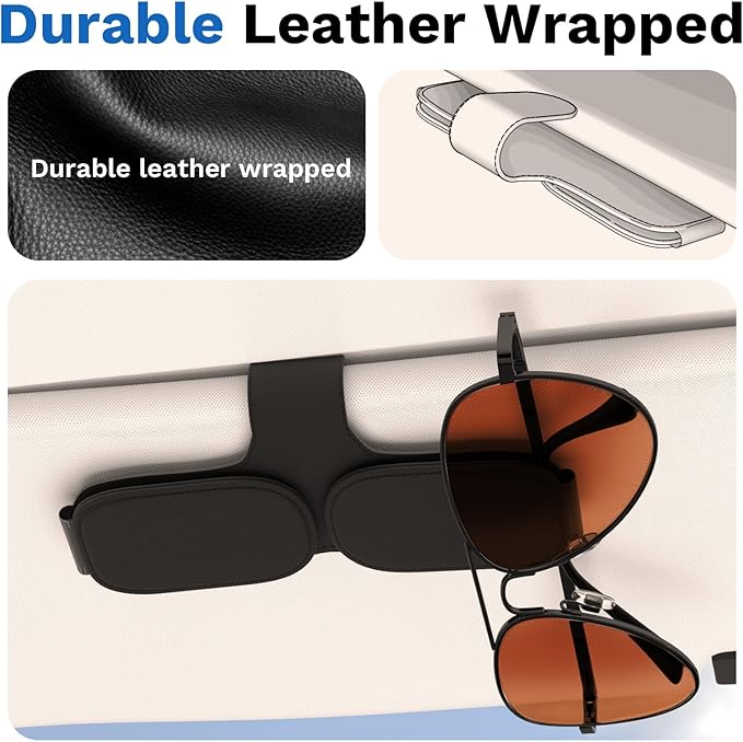 BFXM Sunglass Holder for Car Double Clip, Sunglasses Clip for Car Visor, Magnetic Leather for Car Visor, Cars Sun Visor Ticket Card Clip, Car Accessories
