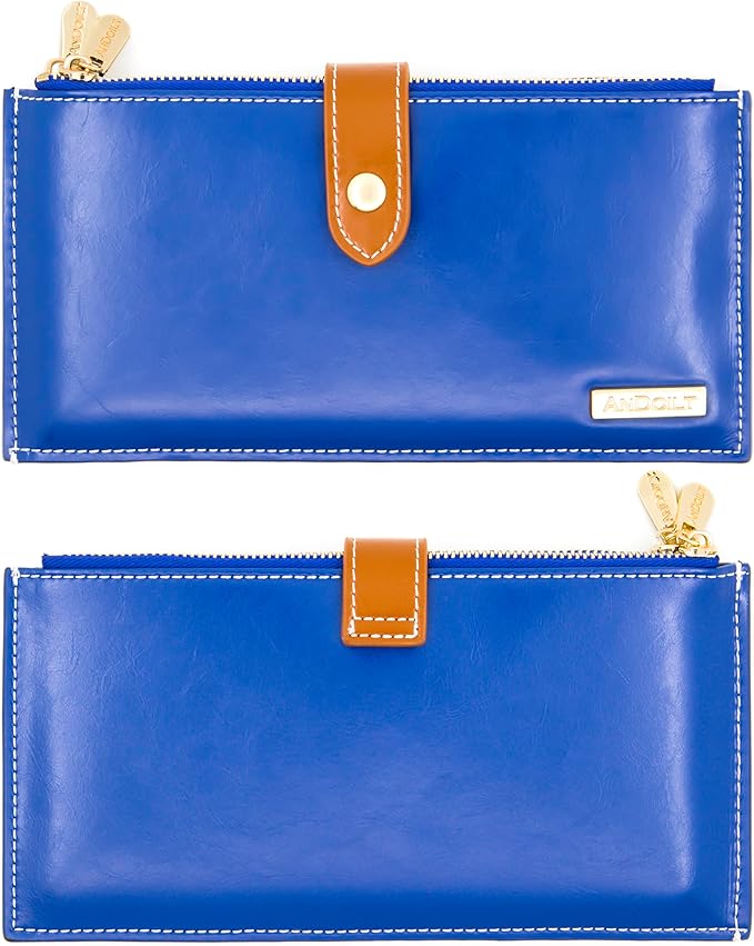 ANDOILT Women's Genuine Leather Wallet RFID Blocking Credit Card Holder Zipper Purse Cell Phone Handbag