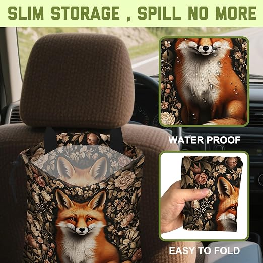 Car Garbage Bag Vintage Floral Fox Drawstring Car Trash Bag Hanging for Back Seat with Adjustable Buckle Canvas Vehicle Trash Can Easy-to-Install for Car Accessories Vehicle Travelling Camping
