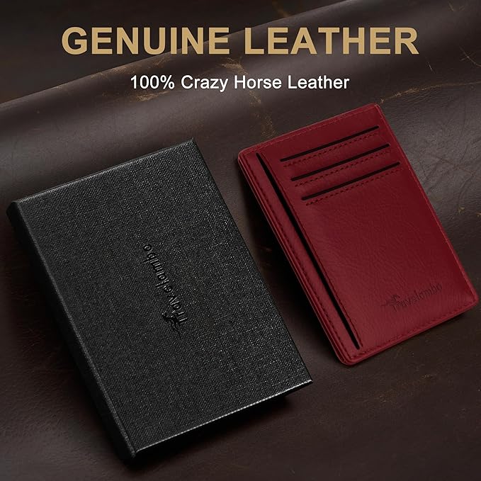 Travelambo 100% Genuine Leather Wallet for Men and Women, Slim Minimalist RFID Blocking Front Pocket Credit Card Holder with Gift Box(Red 963)