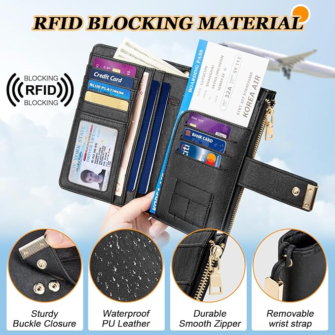 HUANLANG Passport Holder with Airtag for Women/Men, Airtag Passport Wallet for Travel Leather Passport Holder RFID Blocking,Travel Passport Walelt with Credit Card Holder