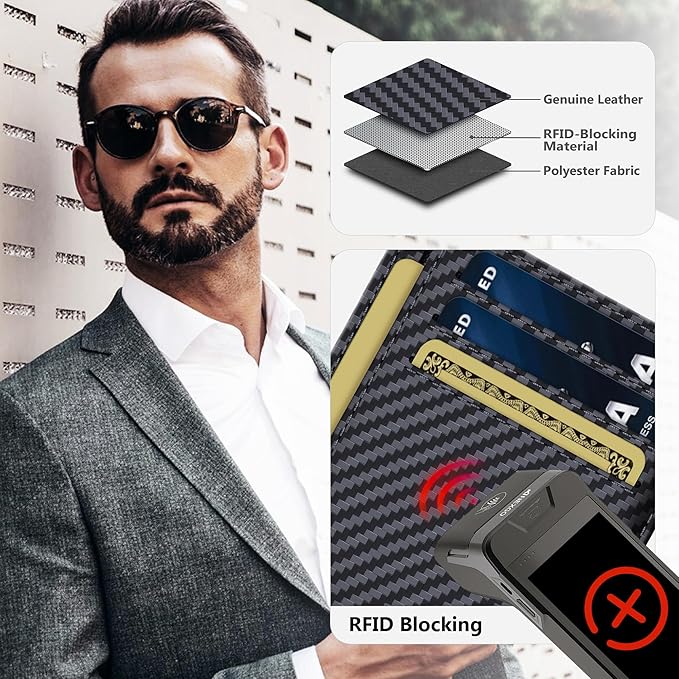 Travelambo 100% Genuine Leather Wallet for Men and Women, Slim Minimalist RFID Blocking Front Pocket Credit Card Holder with Gift Box(Carbon Fiber Black)