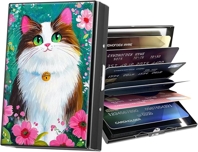 Metal Wallet,Credit Card Holder for Women Men,RFID Blocking Card Holder Wallet Mini Slim Aluminum Wallet ID Case Hard Card Case Business Card Holder Case,Cartoon Cat Flower