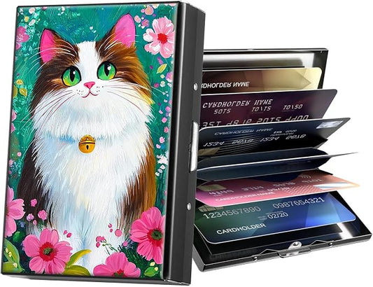Metal Wallet,Credit Card Holder for Women Men,RFID Blocking Card Holder Wallet Mini Slim Aluminum Wallet ID Case Hard Card Case Business Card Holder Case,Cartoon Cat Flower